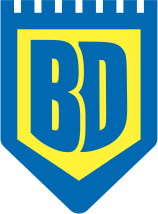 BONUS DICE LOGO, It is a shield, with a parapet-like top.
                The shield has a thick blue border, with a yellow infill, and
                the blue letters BD.
