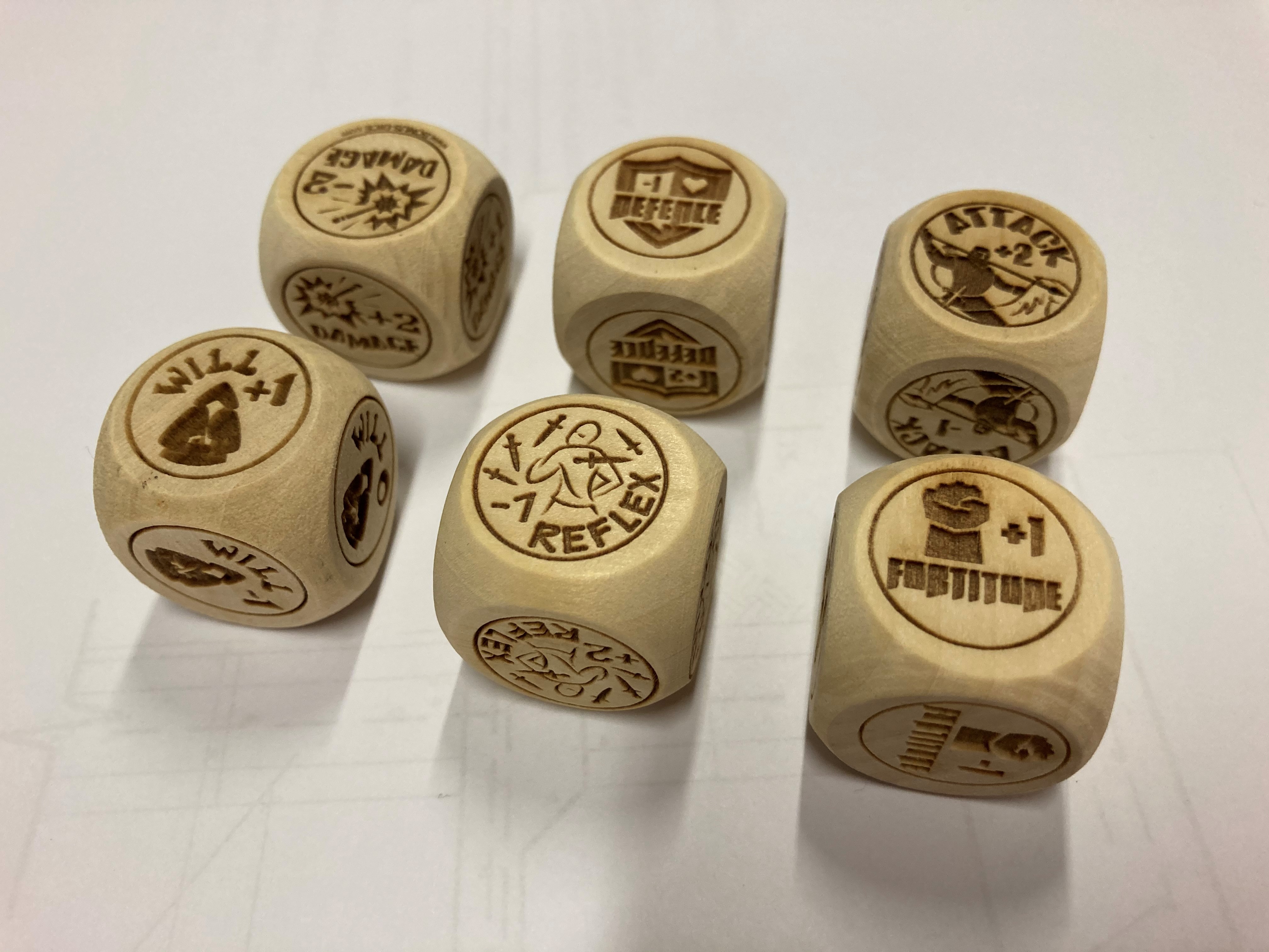 Six saving throw modifier dice are stacked in a
                        pyramid formation atop a blue table.  In front of the
                        dice pyramid is a quarter.  The quarter has about the
                        same area as a single side of a die.