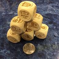 Six saving throw modifier dice are stacked in a
                        pyramid formation atop a blue table.  In front of the
                        dice pyramid is a quarter.  The quarter has about the
                        same area as a single side of a die.